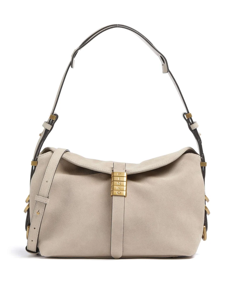 Pinko Saddle Horizontal Mini Axelremsväska beige/grigio fumo/antique gold