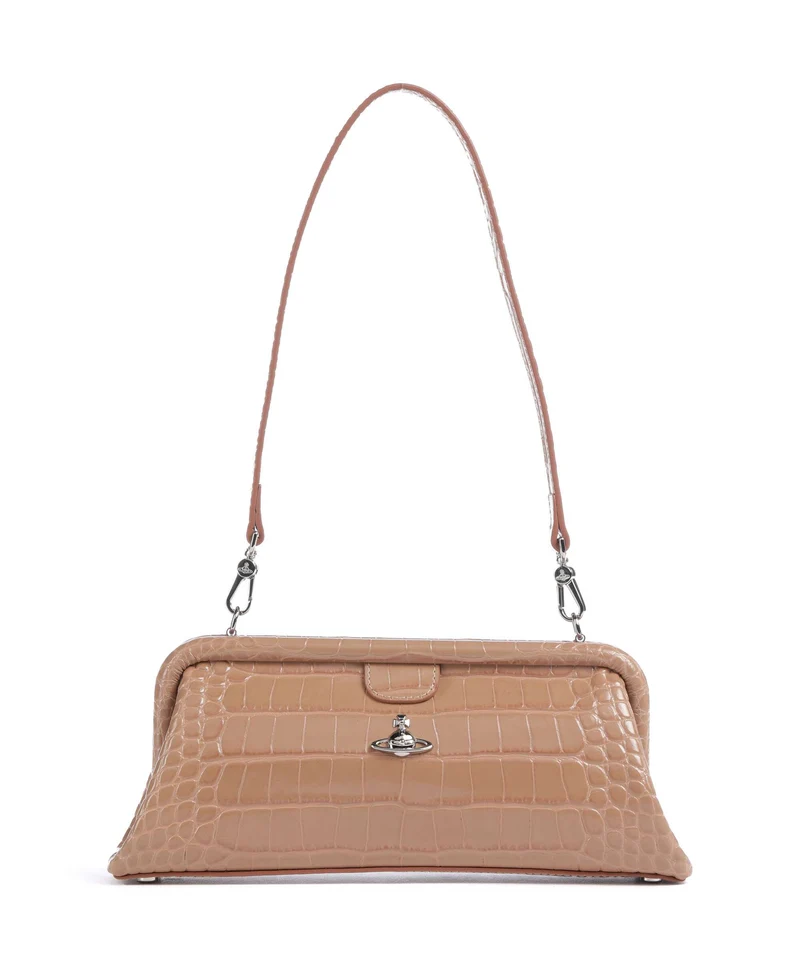 Vivienne Westwood Jane Frame Embossed Croc Axelremsväska dusty pink