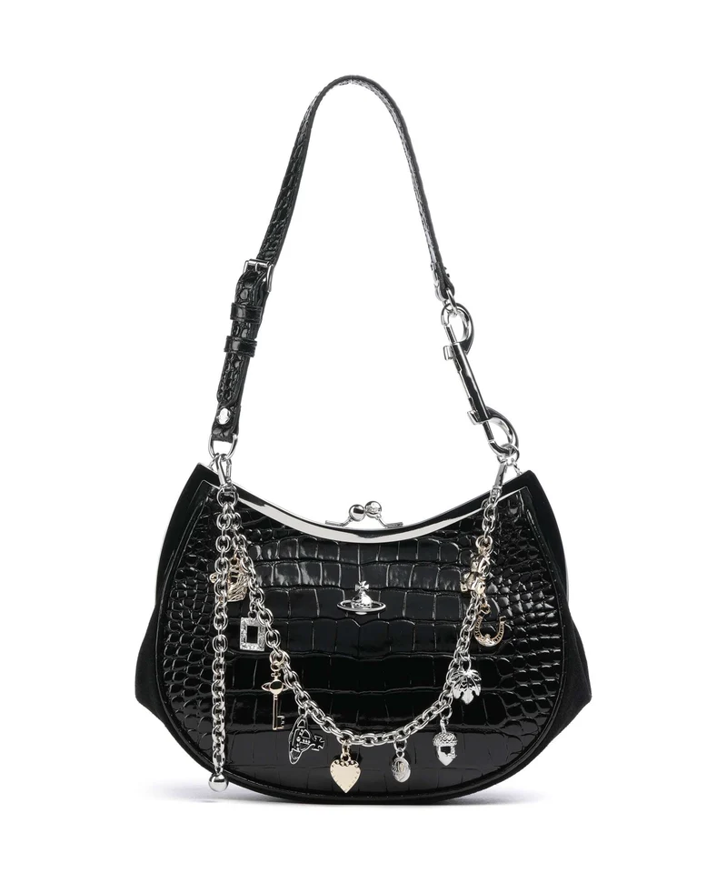 Vivienne Westwood Charm Frame Embossed Croc Axelremsväska black charms