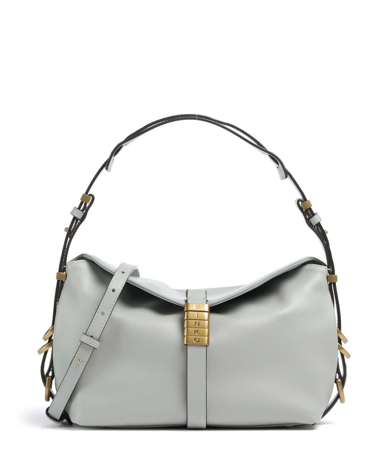 Pinko Saddle Horizontal Mini Axelremsväska grigio perla/antique gold