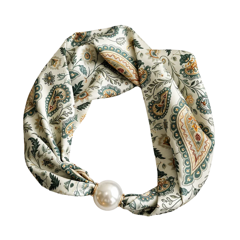 Pärlhalsduk med magnetlås - Beige & Green