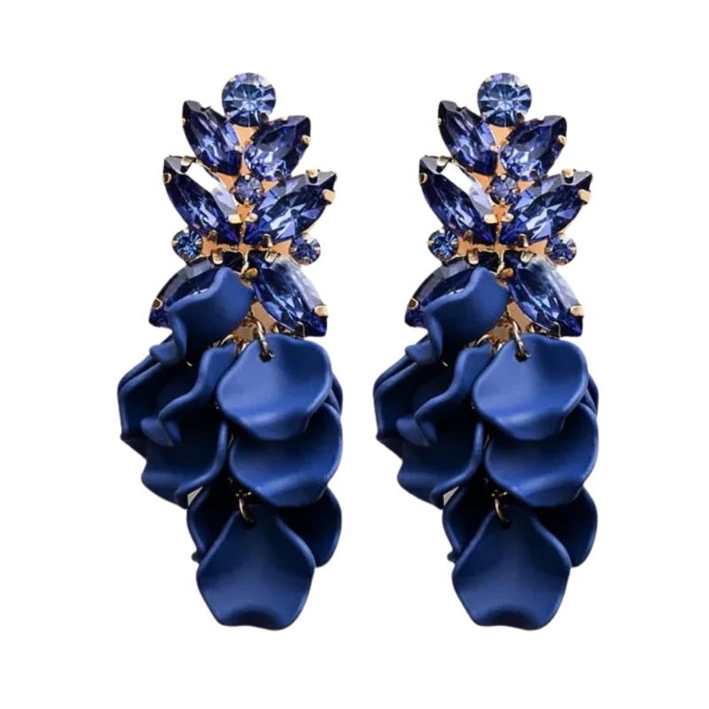 Leaf Big Stone Earrings - Navy