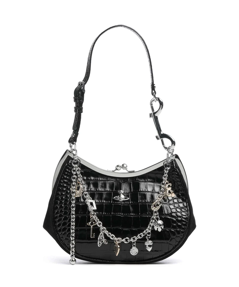 Vivienne Westwood Charm Frame Embossed Croc Axelremsväska black
