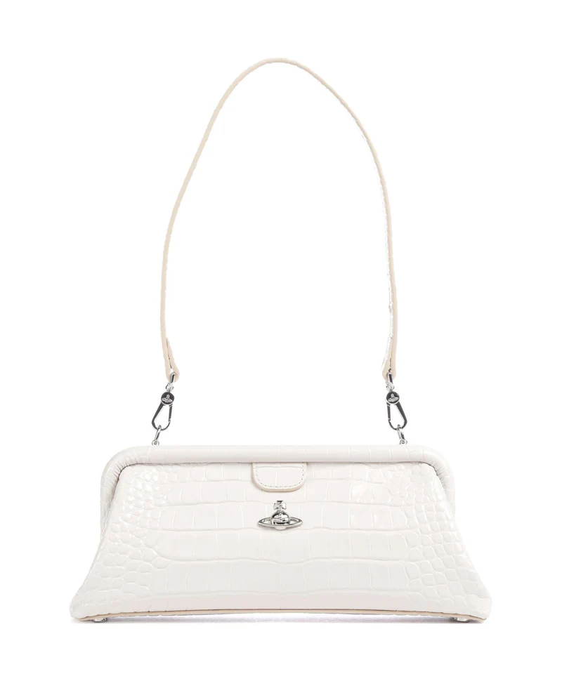 Vivienne Westwood Jane Frame Embossed Croc Axelremsväska pearl white