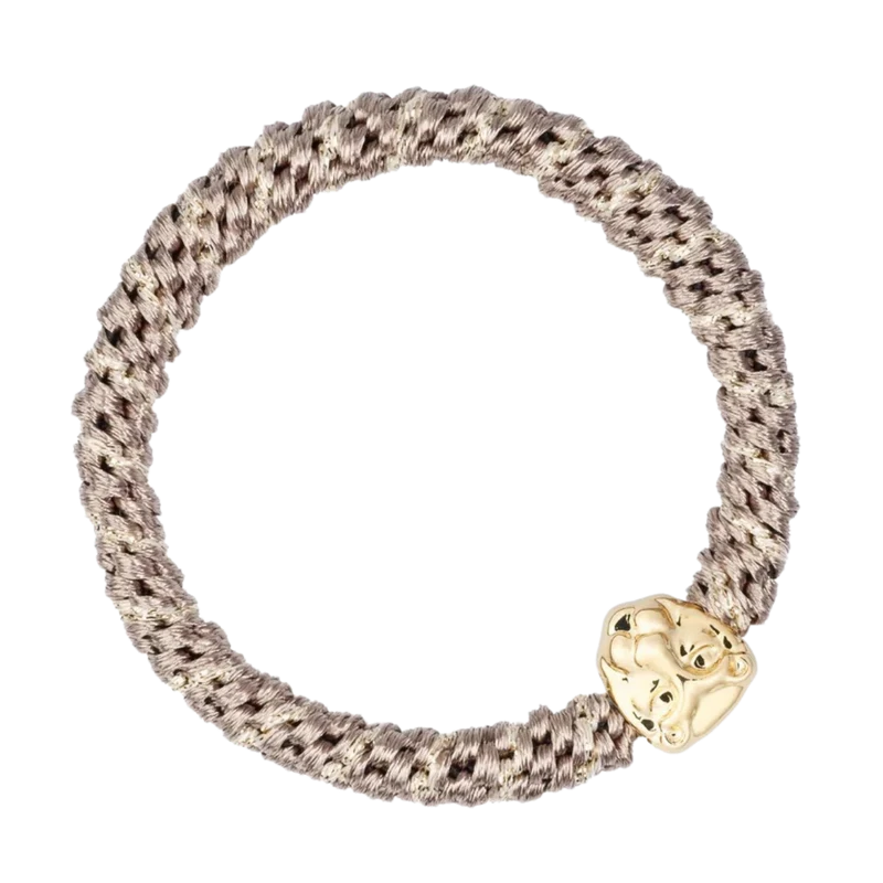 Fat Hair Tie W/Gold - Warm Taupe Stripe W/Lion