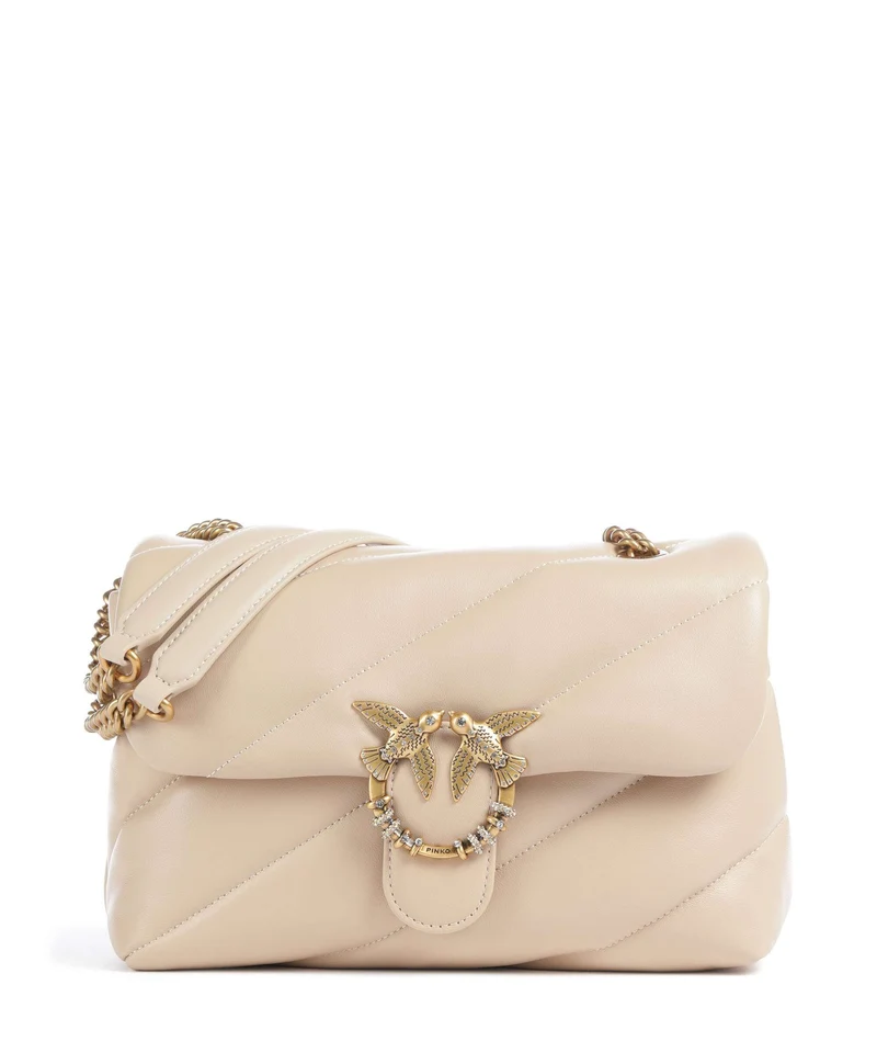 Pinko Love Puff Classic New Buckle Axelremsväska beige/grigio fumo/antique gold