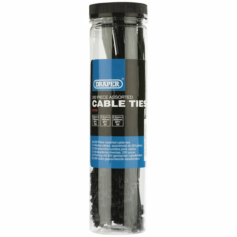 DRAPER Nylon Cable Ties Multi-sizes Black 200 pieces 90725.0